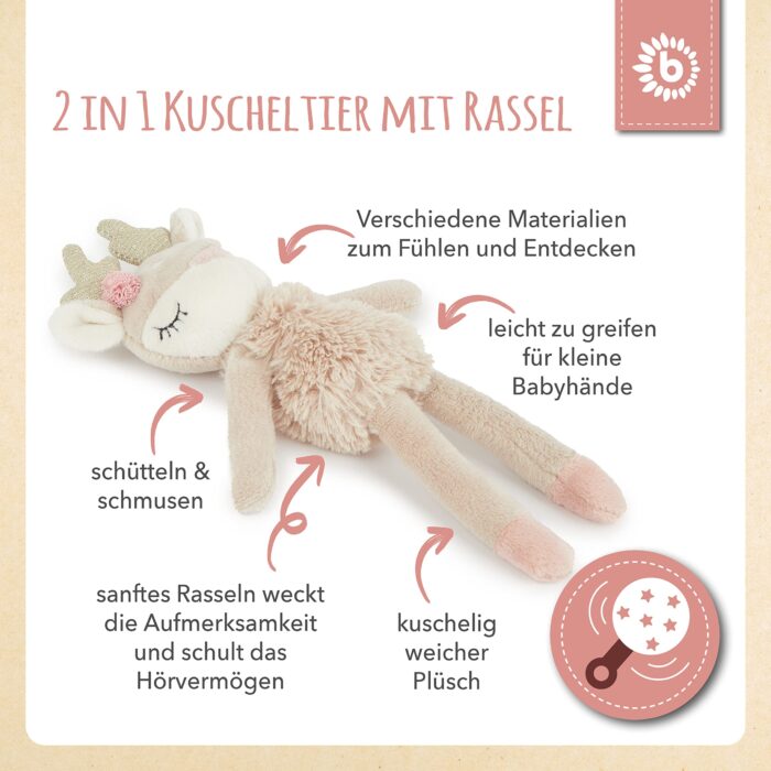 Bieco Kuscheltier Reh Ella mit Rassel | Baby Kuscheltier ab 0 Monate Stofftier Baby Plüschtierentier – Bild 6